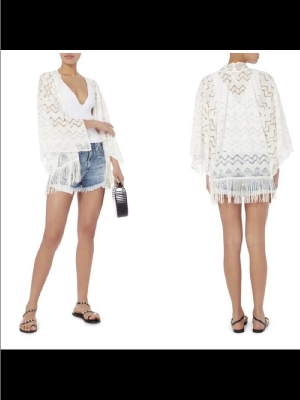 Anna Sui Boho Crochet Lace Fringe‎ Kimono Ivory White One Size